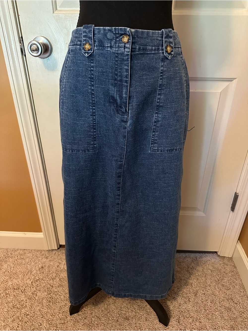 High-Rise Dark Blue Denim Maxi Skirt